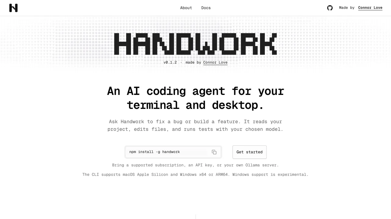Handwork landing page with the headline An AI coding agent for your terminal and desktop