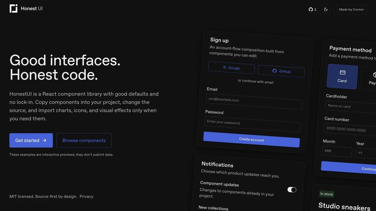 HonestUI landing page with the headline Good interfaces. Honest code. and interactive React component previews